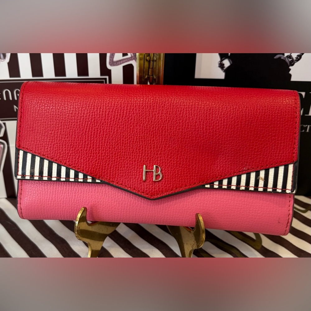 🩷❤️NWOT HENRI BENDEL❤️🩷 Colorblock Leather Continental Wallet Pink Red Striped